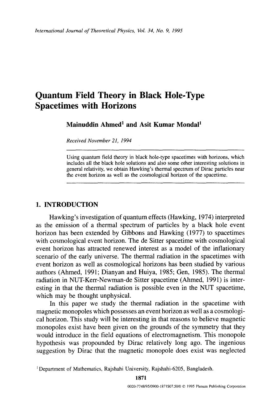 Quantum field theory in black hole-type spacetimes with horizons by Unknown