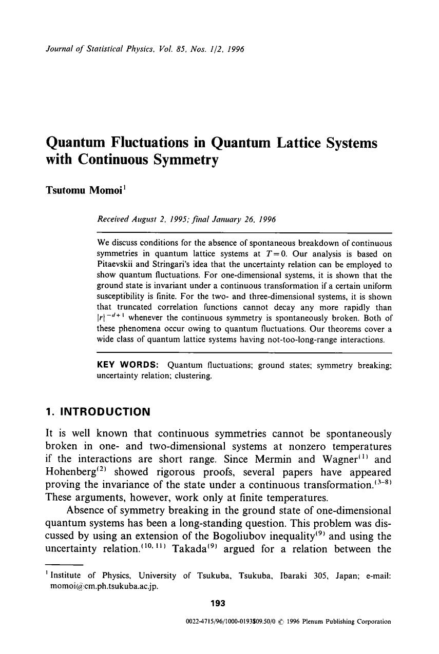 Quantum fluctuations in quantum lattice systems with continuous symmetry by Unknown
