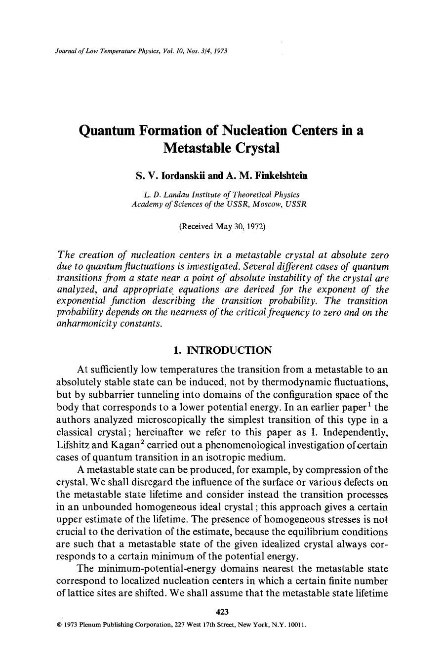 Quantum formation of nucleation centers in a metastable crystal by Unknown