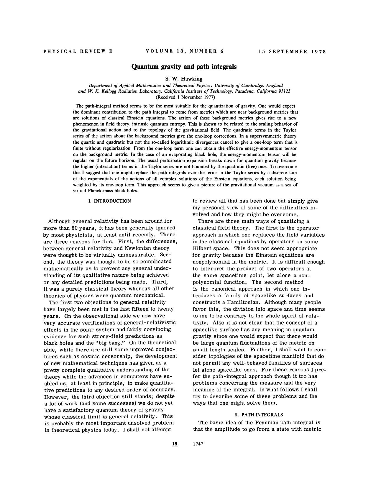 Quantum gravity and path integrals by S. W. Hawking