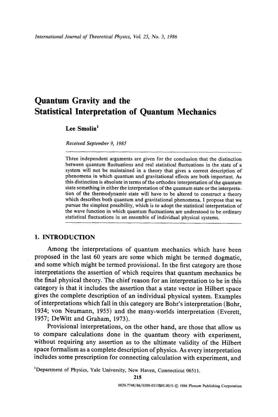 Quantum gravity and the statistical interpretation of quantum mechanics by Unknown
