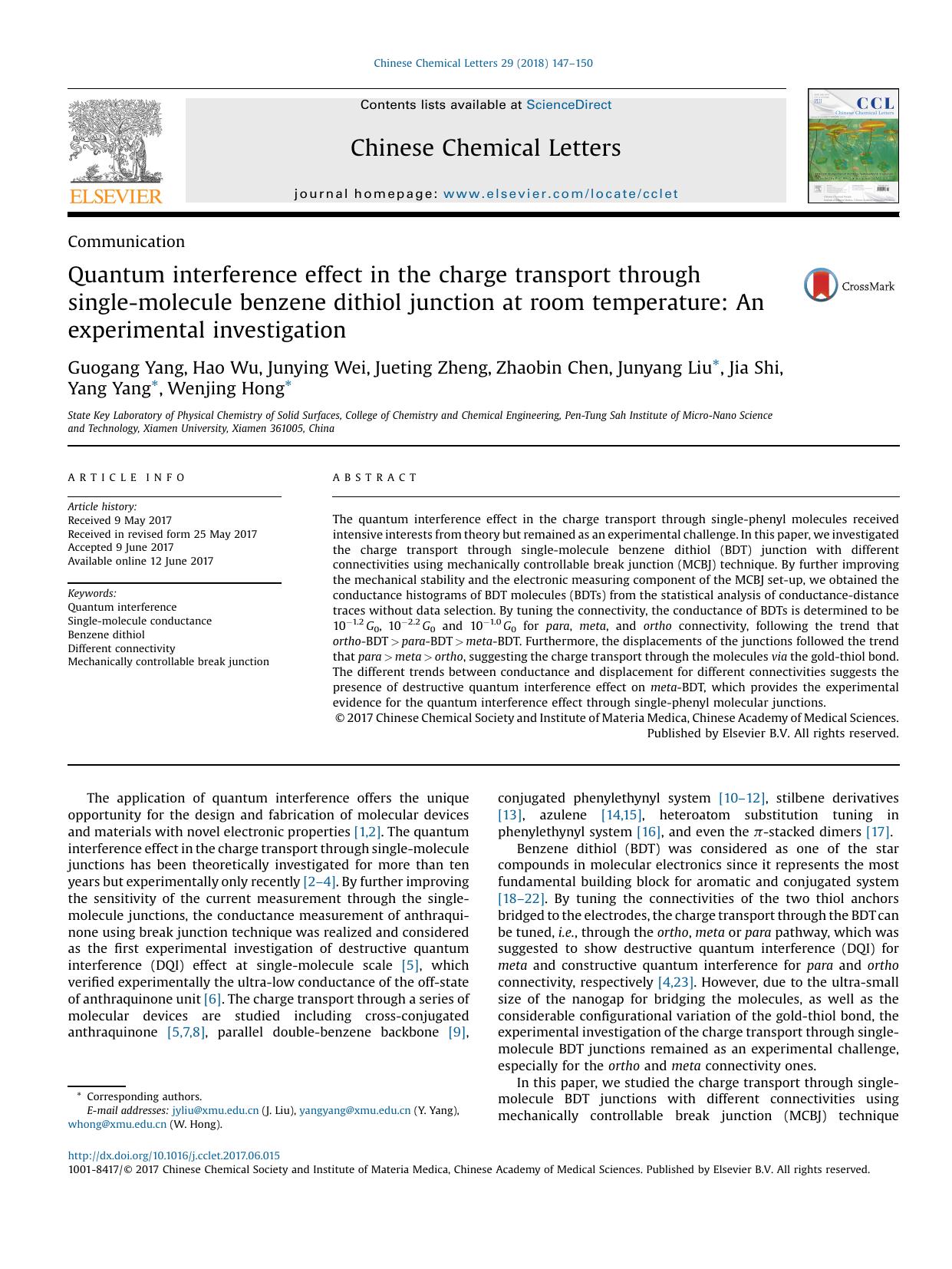 Quantum interference effect in the charge transport through single-molecule benzene dithiol junction at room temperature: An experimental investigation by Guogang Yang