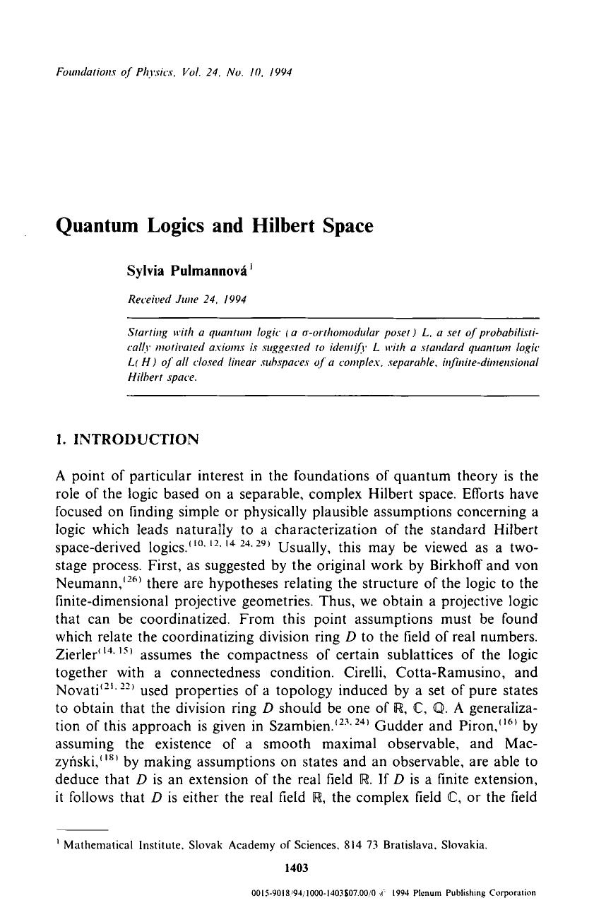 Quantum logics and hilbert space by Unknown