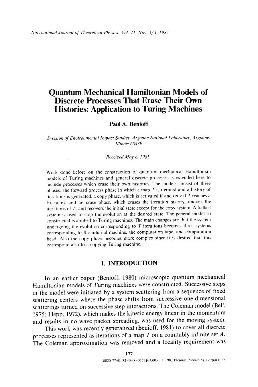 Quantum mechanical Hamiltonian models of discrete processes that erase their own histories: Application to Turing machines by Unknown