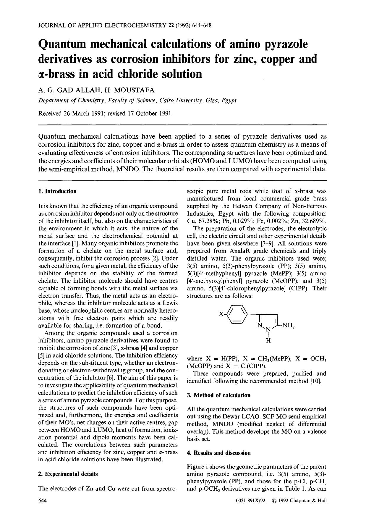 Quantum mechanical calculations of amino pyrazole derivatives as corrosion inhibitors for zinc, copper and &#x03B1;-brass in acid chloride solution by Unknown