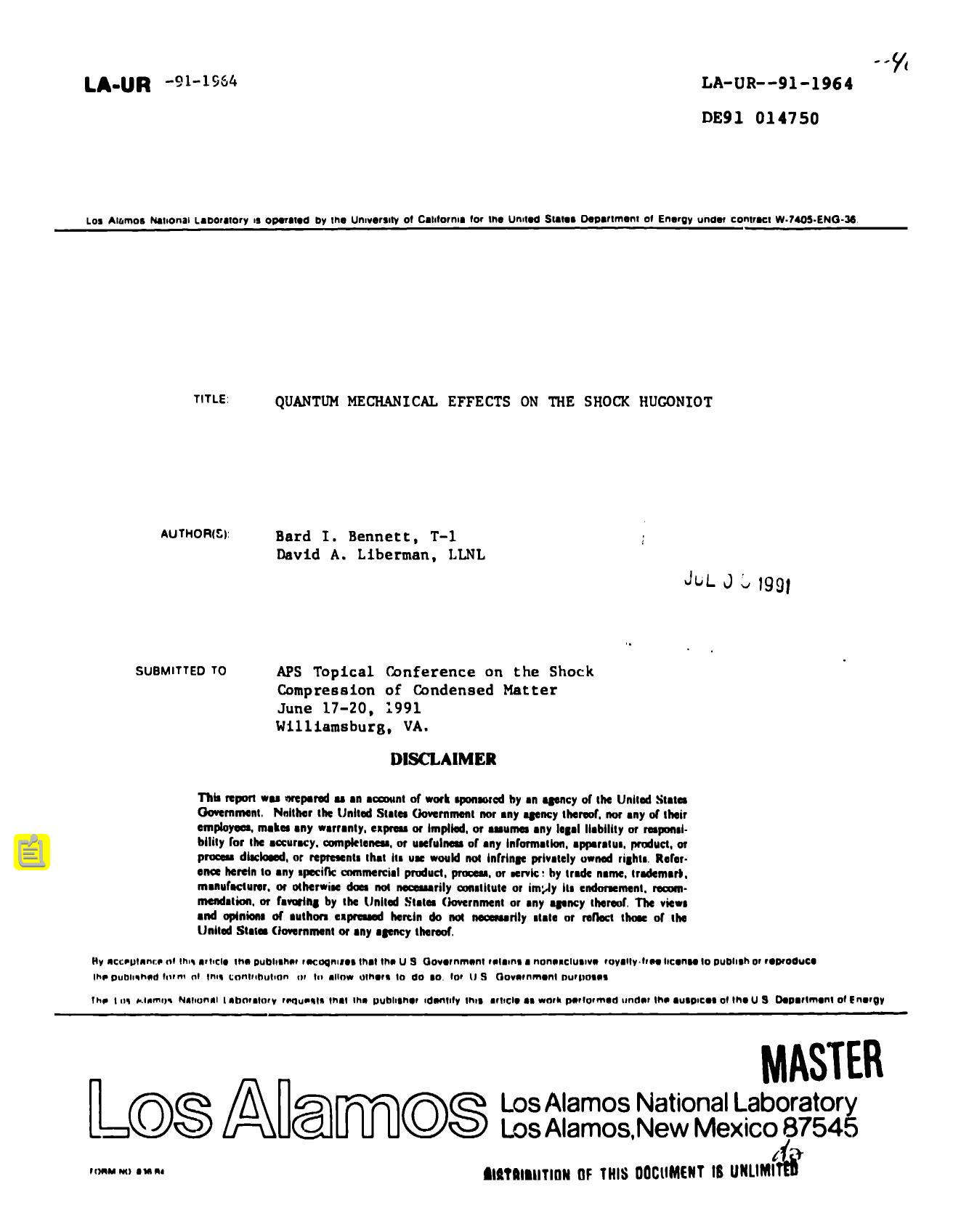 Quantum mechanical effects on the shock Hugoniot None by LANL Research Library LWW Project