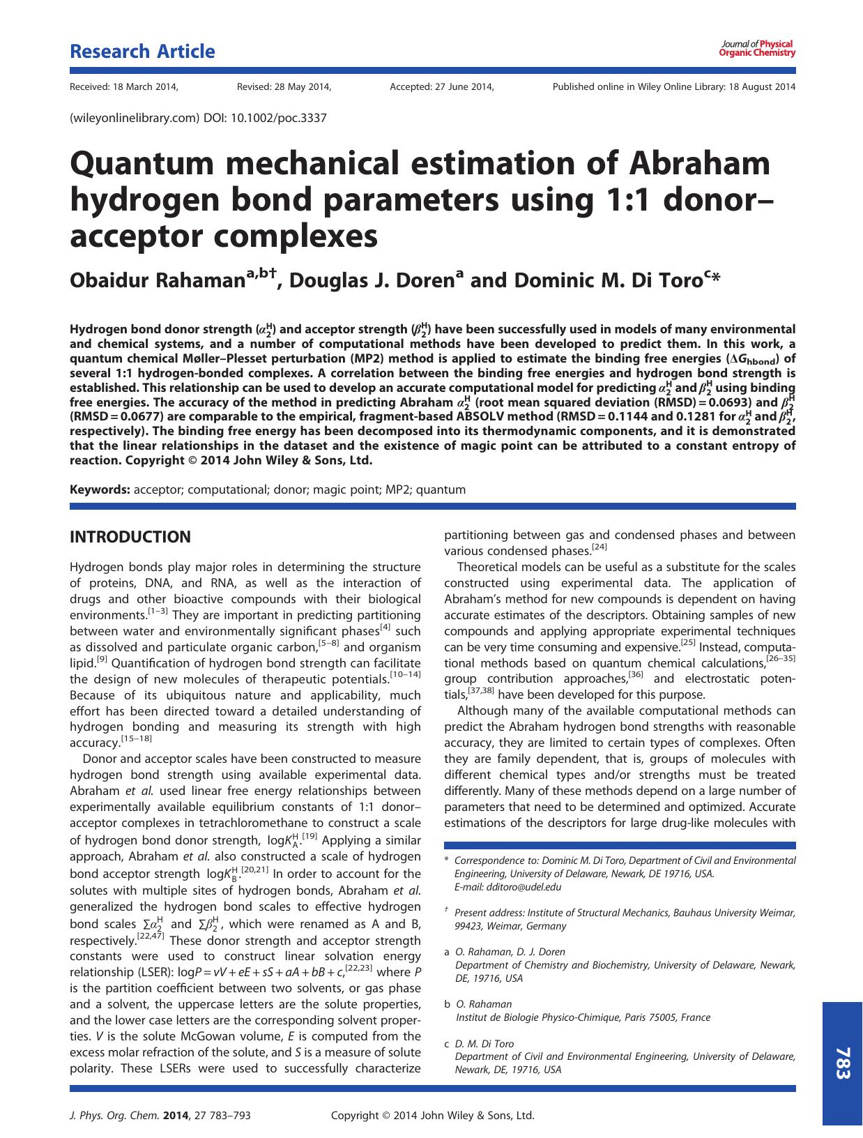 Quantum mechanical estimation of Abraham hydrogen bond parameters using 1:1 donorâacceptor complexes by Obaidur Rahaman & Douglas J. Doren & Dominic M. Di Toro