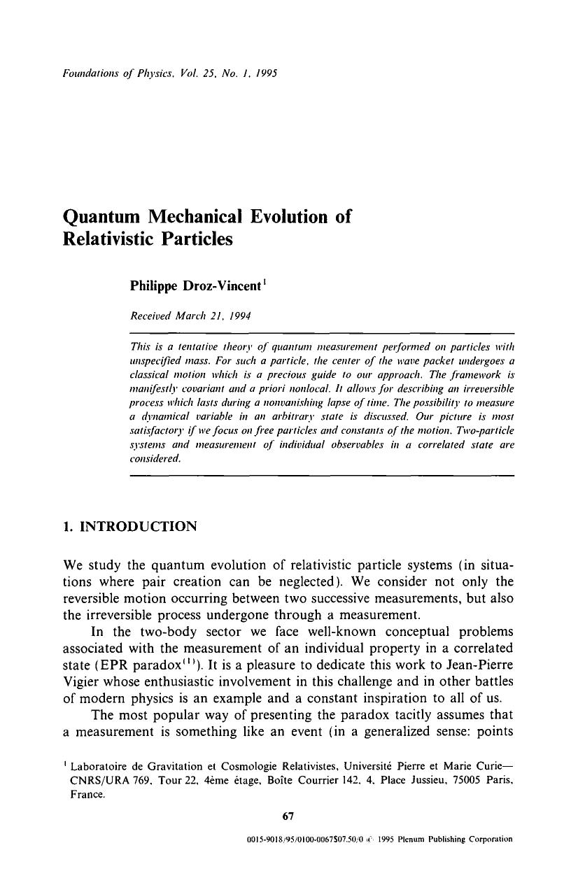 Quantum mechanical evolution of relativistic particles by Unknown