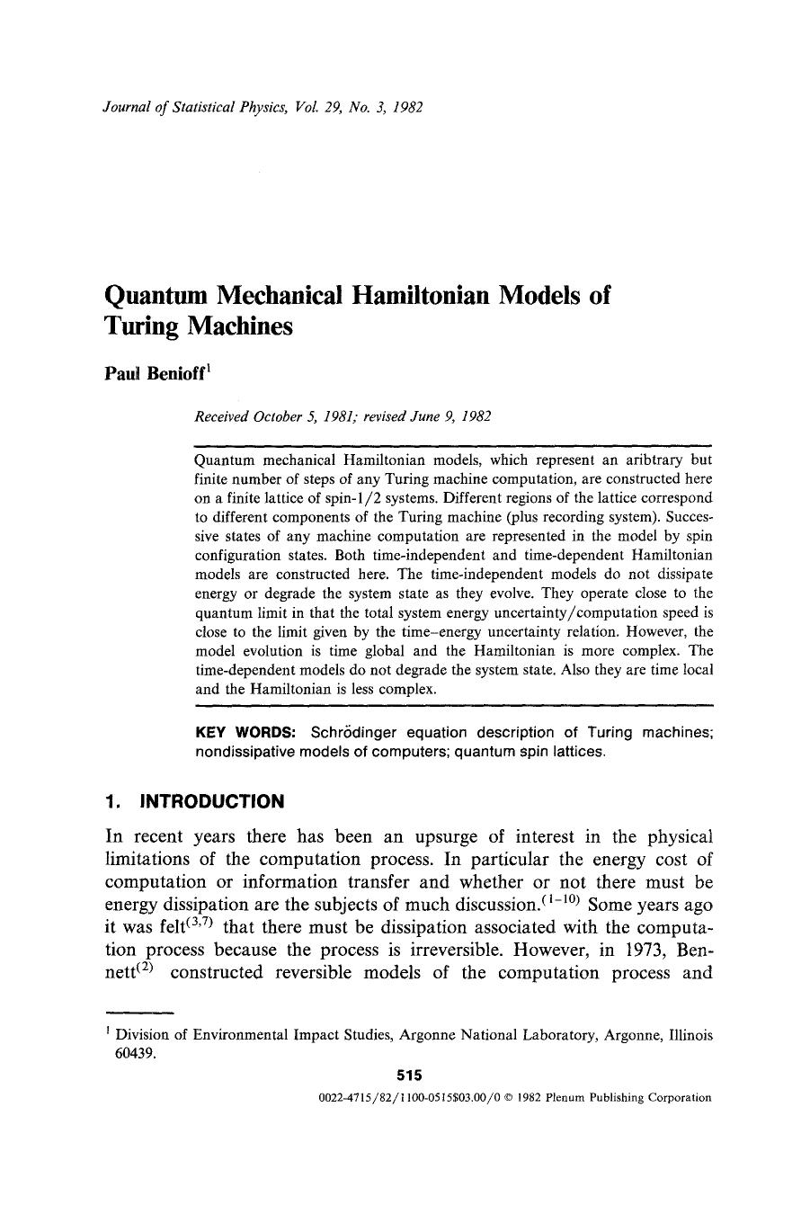 Quantum mechanical hamiltonian models of turing machines by Unknown