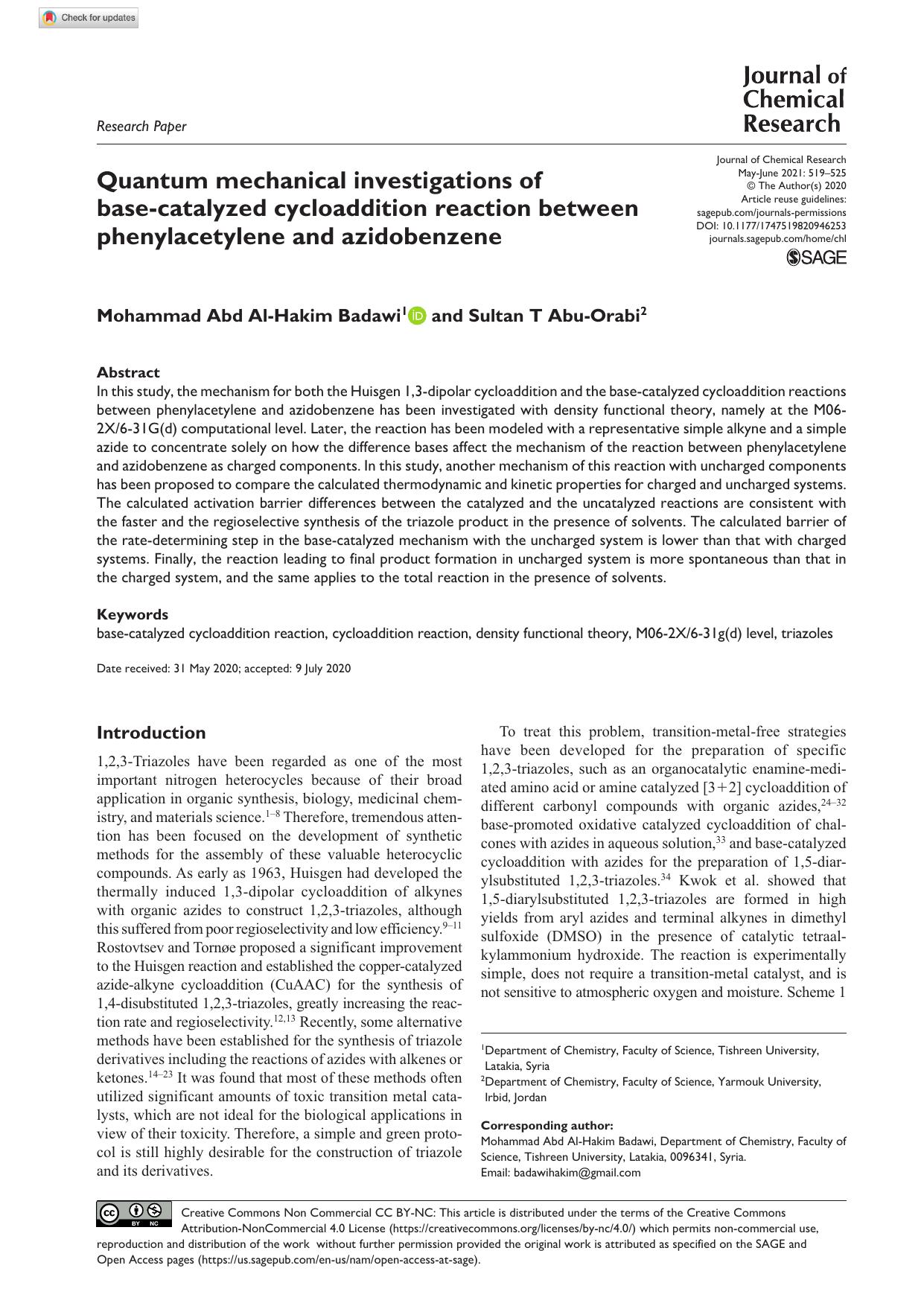 Quantum mechanical investigations of base-catalyzed cycloaddition reaction between phenylacetylene and azidobenzene by Mohammad Abd Al-Hakim Badawi & Sultan T Abu-Orabi