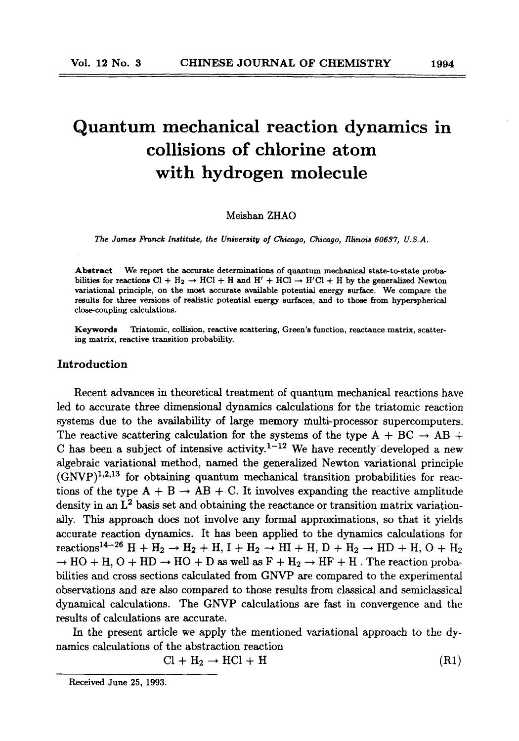Quantum mechanical reaction dynamics in collisions of chlorine atom with hydrogen molecule by Unknown