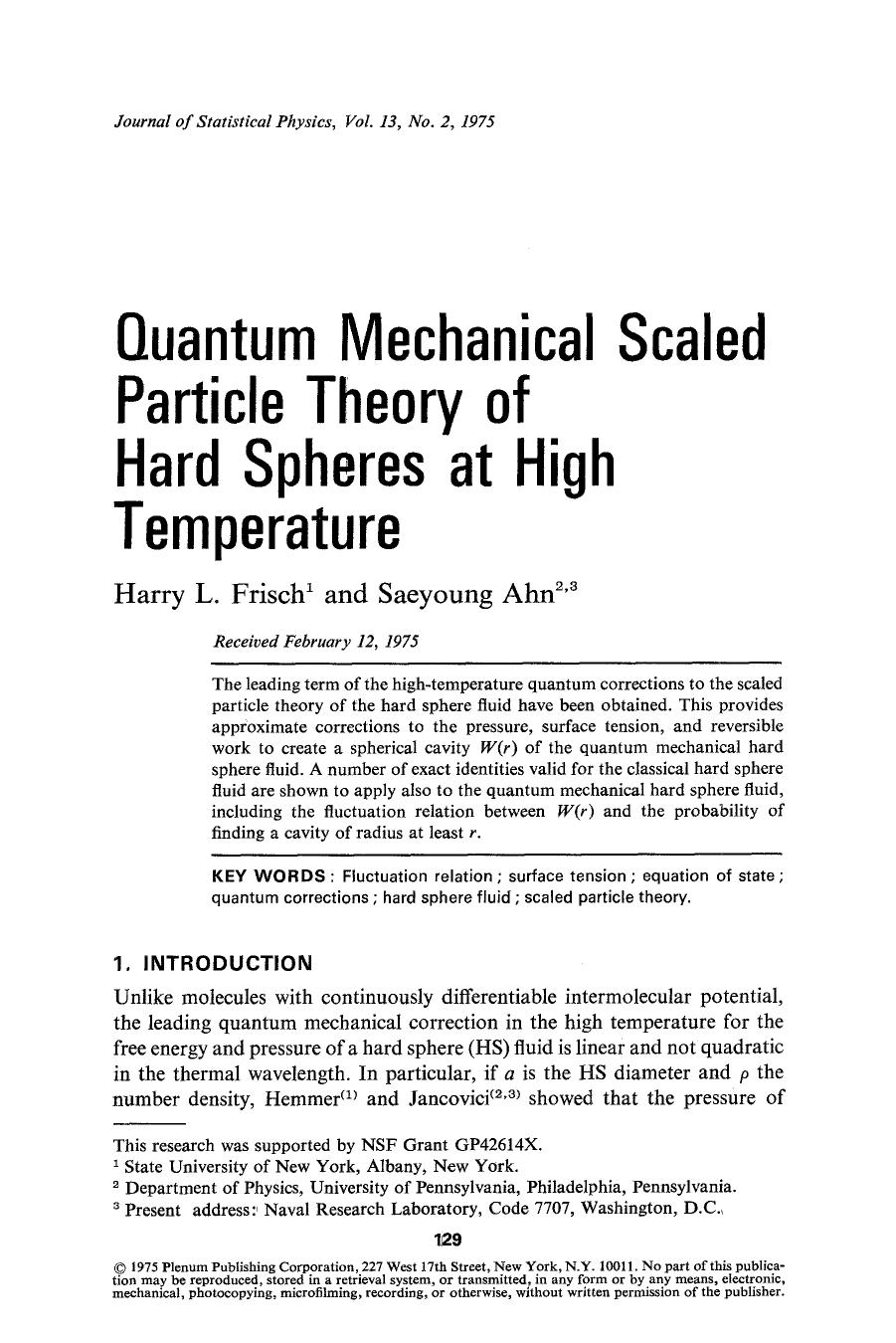 Quantum mechanical scaled particle theory of hard spheres at high temperature by Unknown