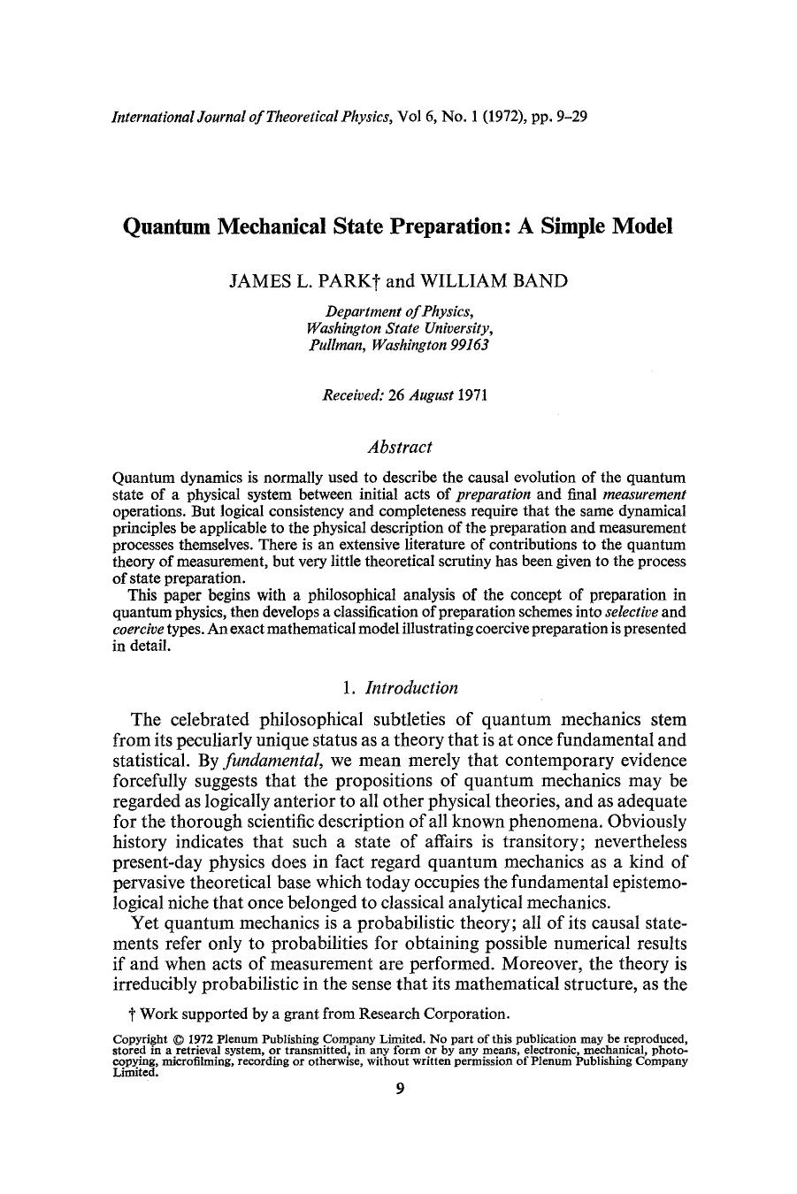 Quantum mechanical state preparation: A simple model by Unknown