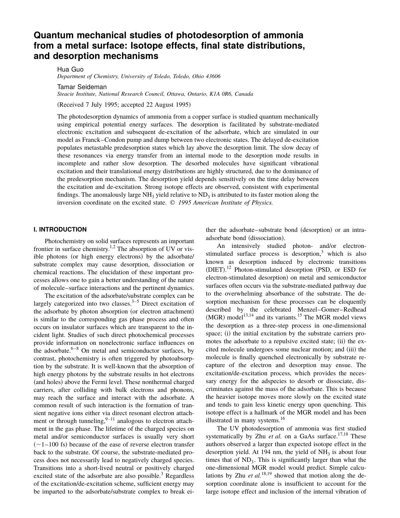 Quantum mechanical studies of photodesorption of ammonia from a metal surface: Isotope effects, final state distributions, and desorption mechanisms by Hua Guo & Tamar Seideman