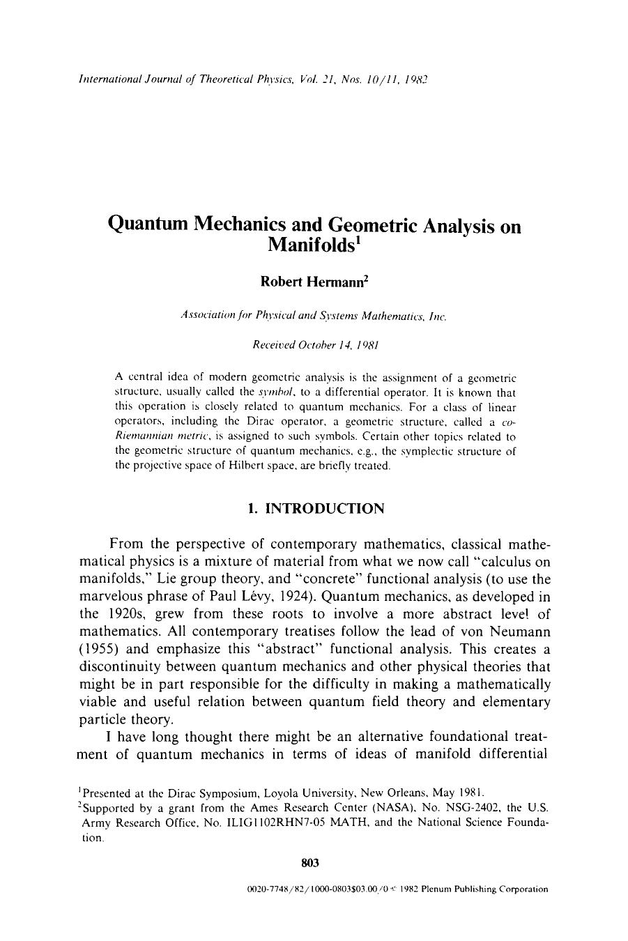 Quantum mechanics and geometric analysis on manifolds by Unknown