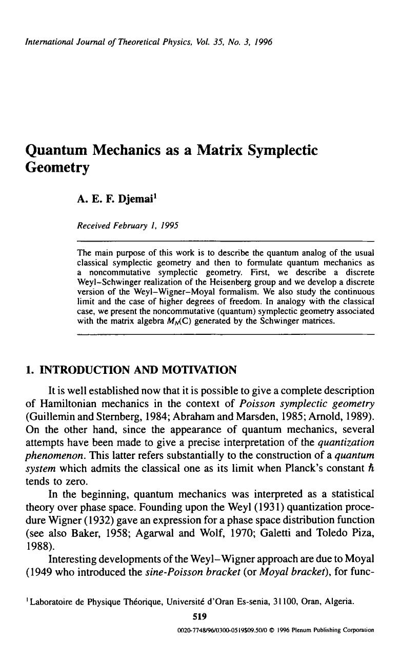 Quantum mechanics as a matrix symplectic geometry by Unknown