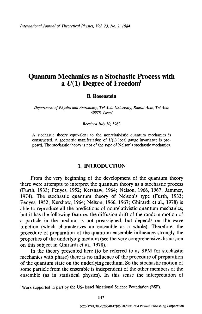 Quantum mechanics as a stochastic process with a <Emphasis Type="Italic">U <Emphasis>(1) degree of freedom by Unknown