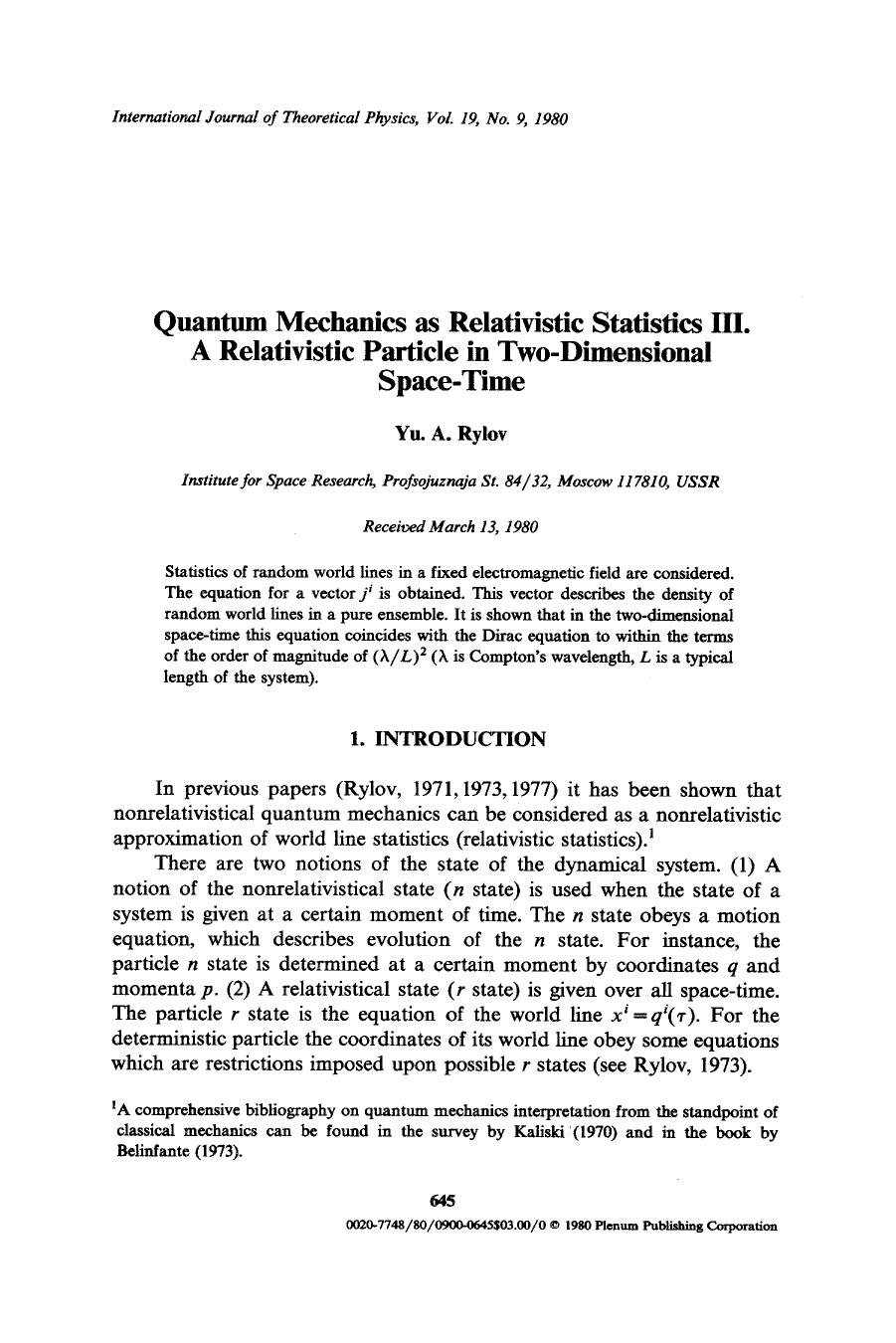 Quantum mechanics as relativistic statistics III. A relativistic particle in two-dimensional space-time by Unknown