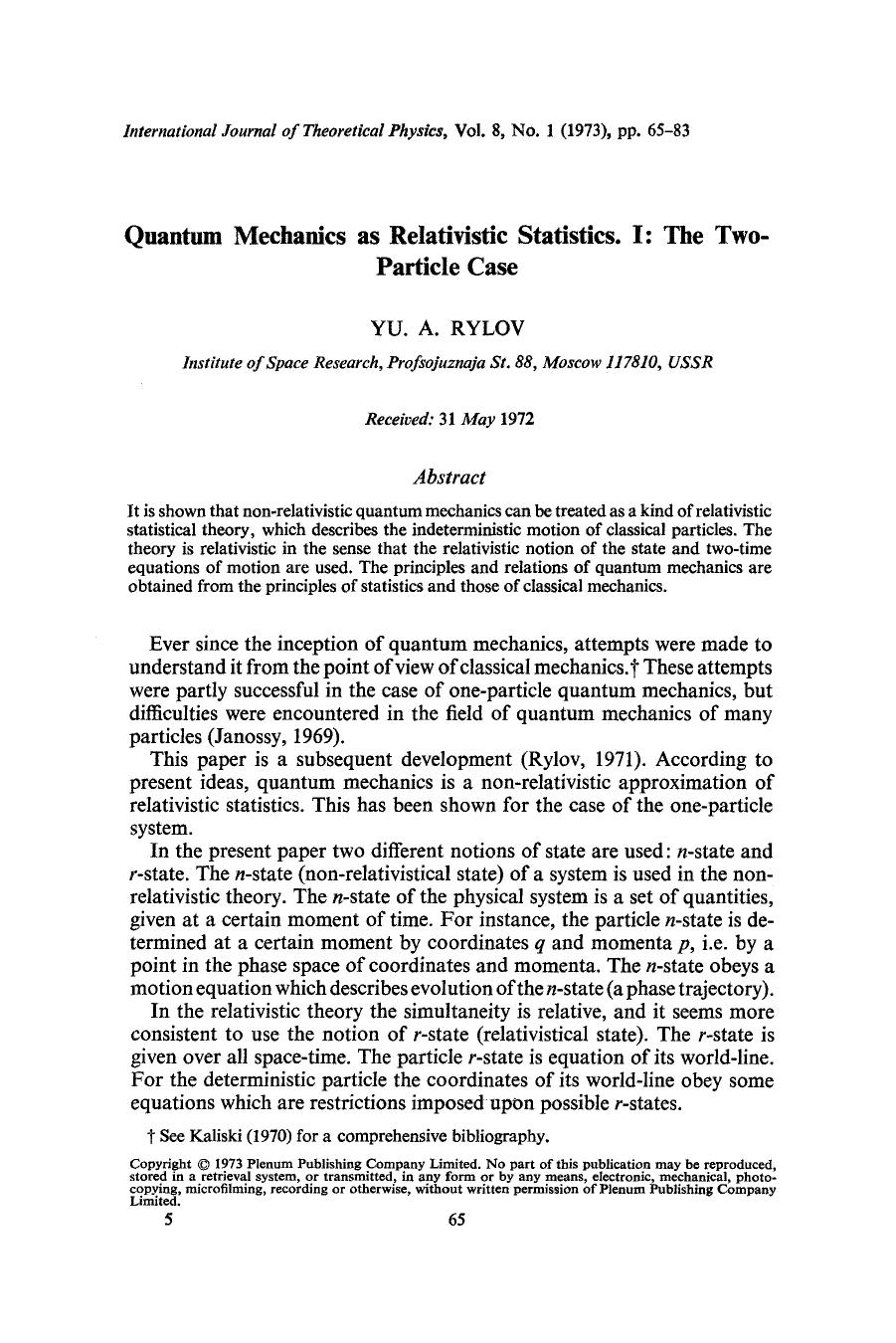 Quantum mechanics as relativistic statistics. I: The two-particle case by Unknown