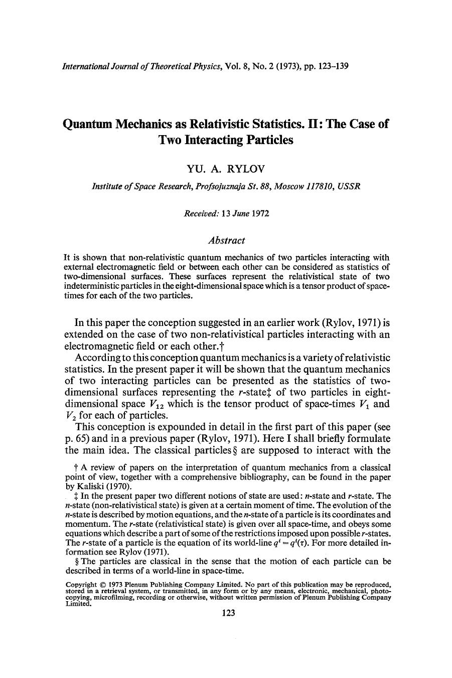 Quantum mechanics as relativistic statistics. II: The case of two interacting particles by Unknown