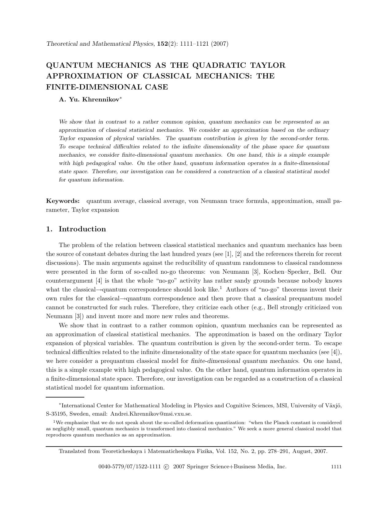 Quantum mechanics as the quadratic Taylor approximation of classical mechanics: The finite-dimensional case by Unknown