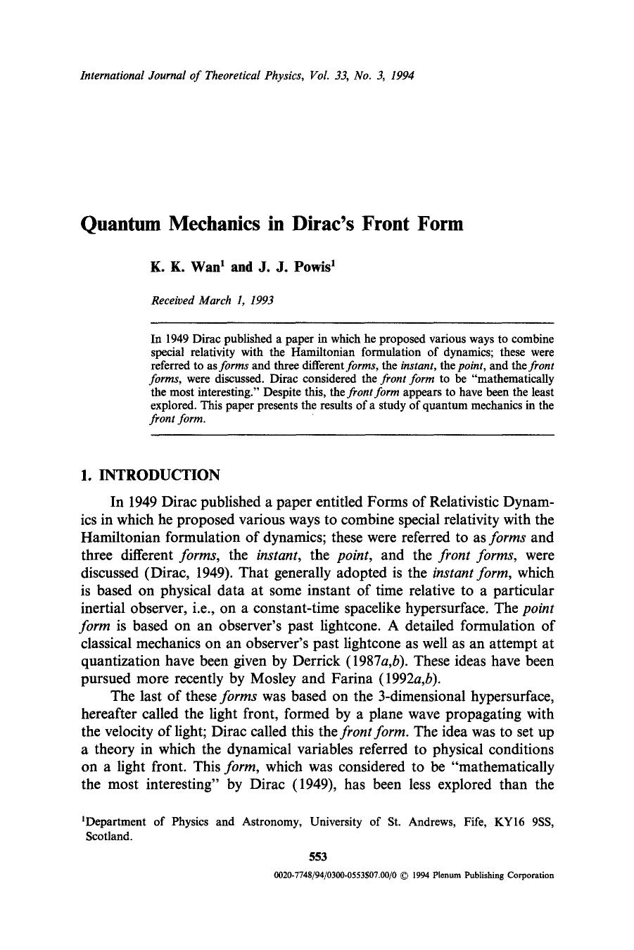 Quantum mechanics in Dirac's front form by Unknown