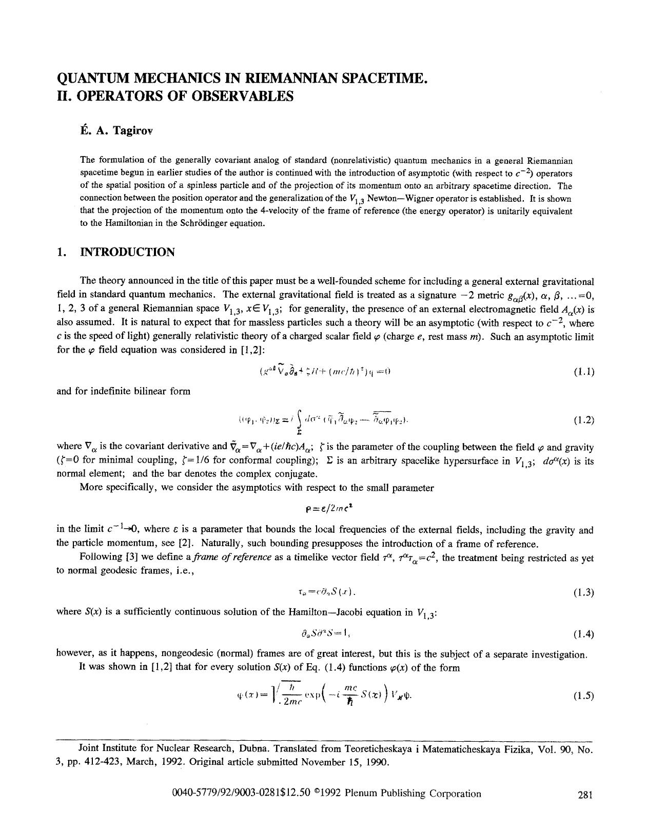 Quantum mechanics in Riemannian spacetime. II. Operators of observables by Unknown
