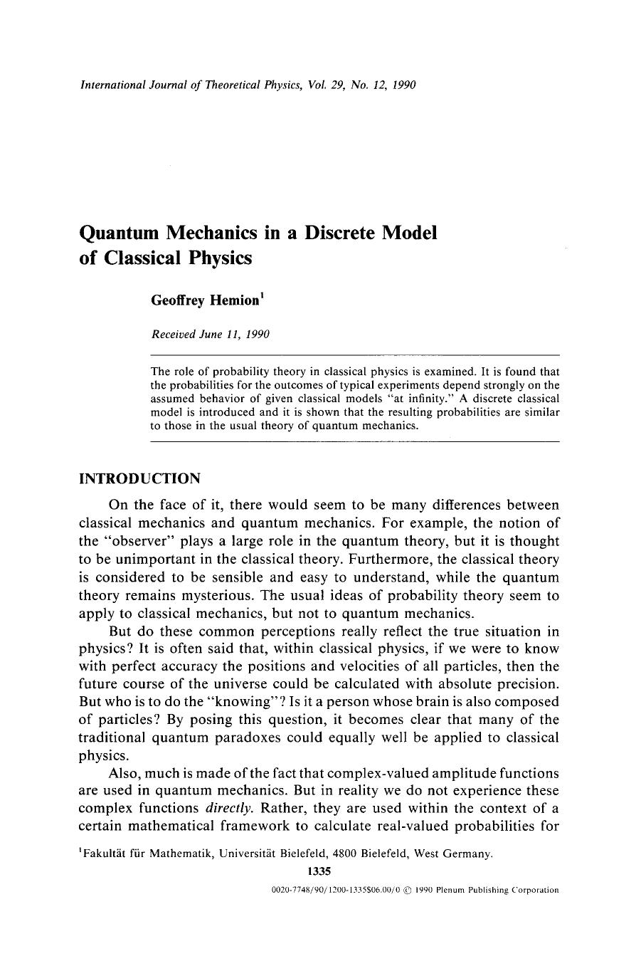 Quantum mechanics in a discrete model of classical physics by Unknown