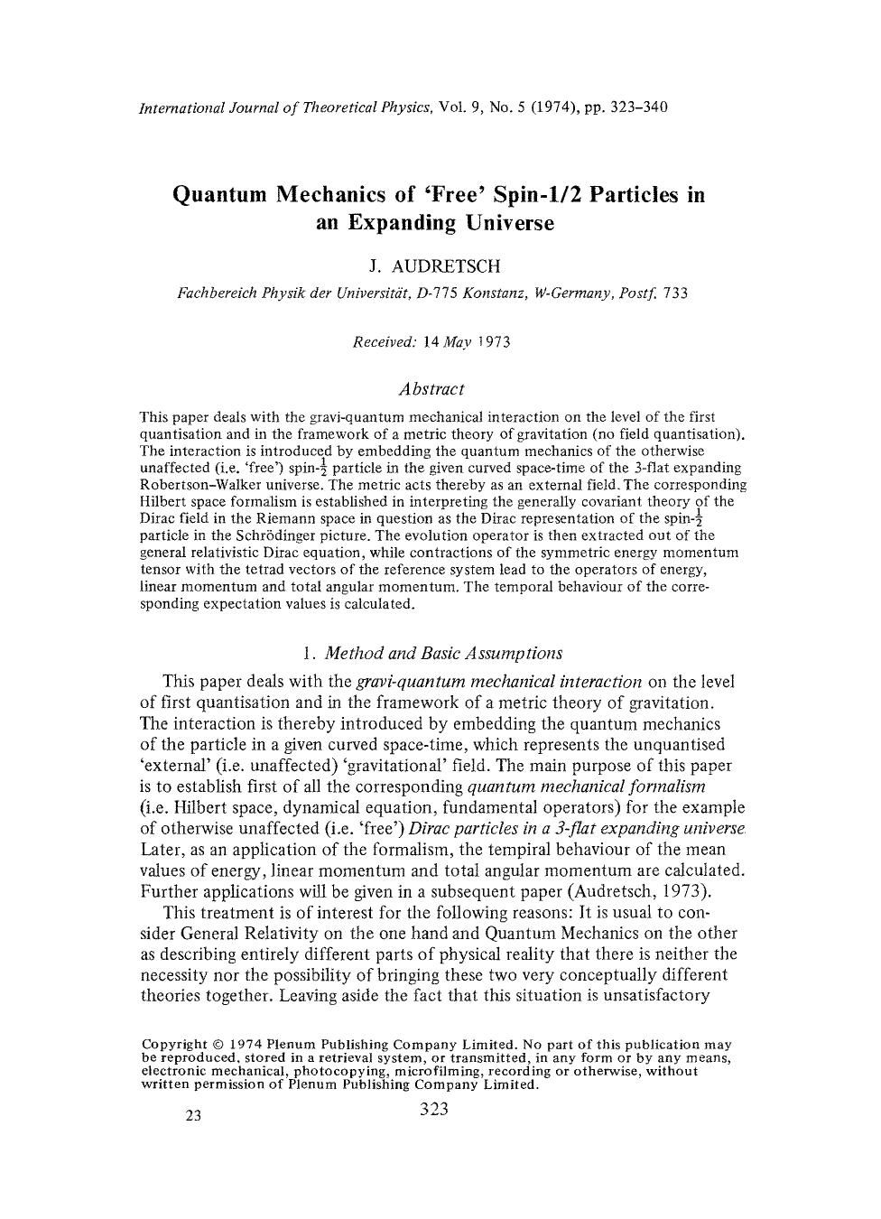 Quantum mechanics of &#x2018;free&#x2019; spin-12 particles in an expanding universe by Unknown
