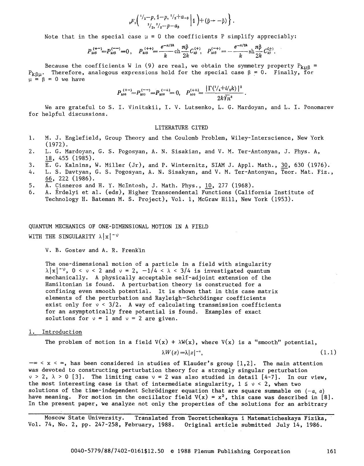 Quantum mechanics of one-dimensional motion in a field with the singularity &#x03BB;&#x007C;x&#x007C; <Superscript>&#x2212;&#x03BD; <Superscript> by Unknown