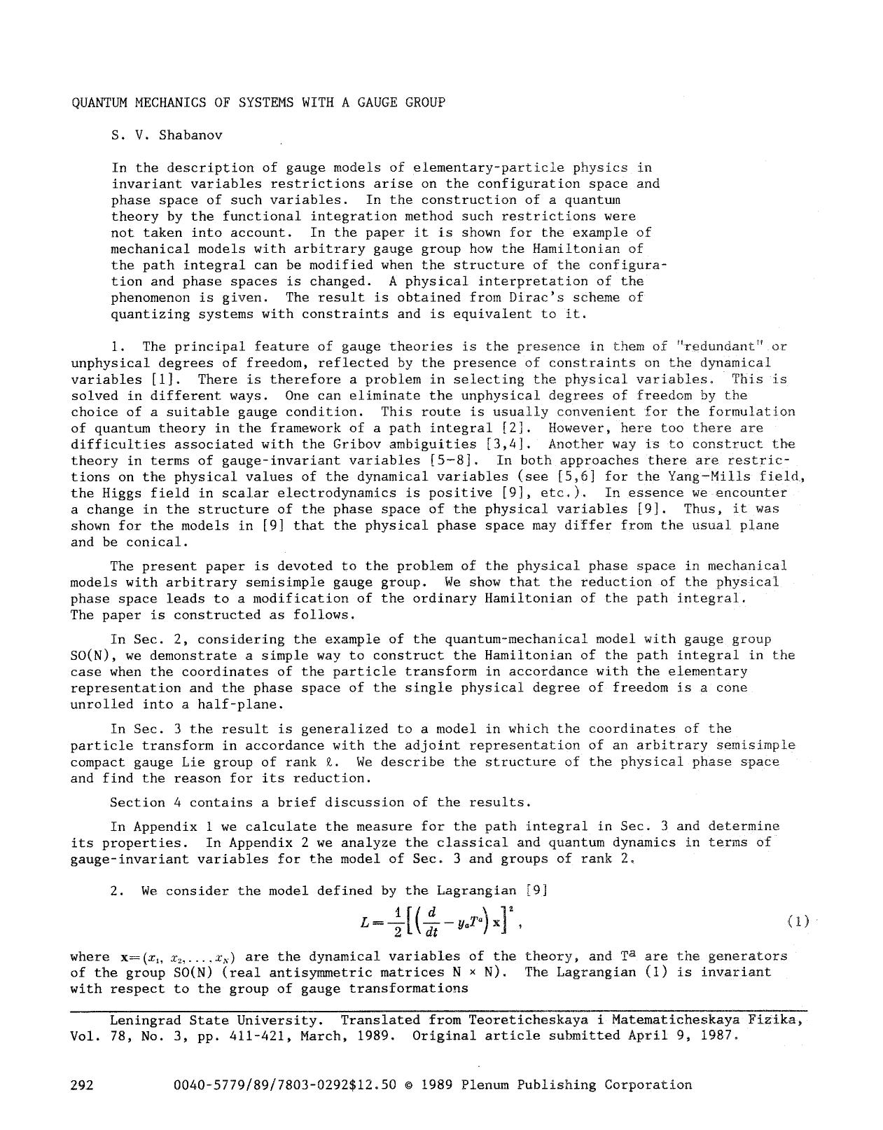 Quantum mechanics of systems with a gauge group by Unknown