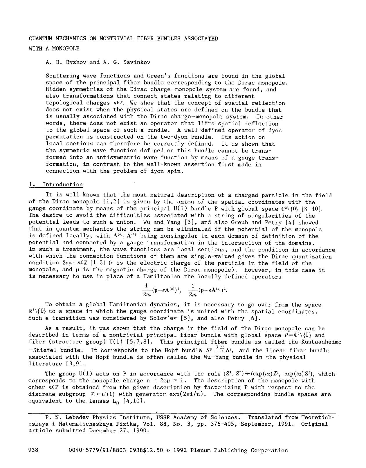 Quantum mechanics on nontrivial fiber bundles associated with a monopole by Unknown