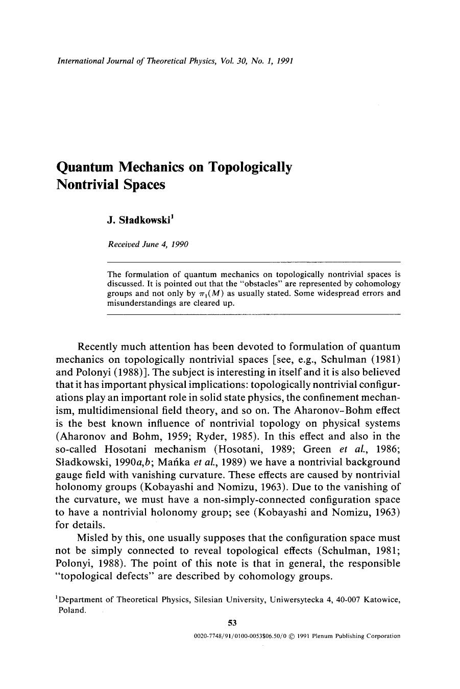 Quantum mechanics on topologically nontrivial spaces by Unknown