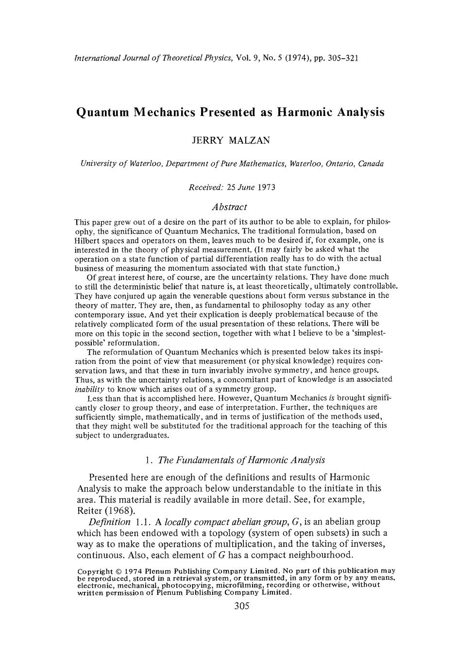 Quantum mechanics presented as harmonic analysis by Unknown