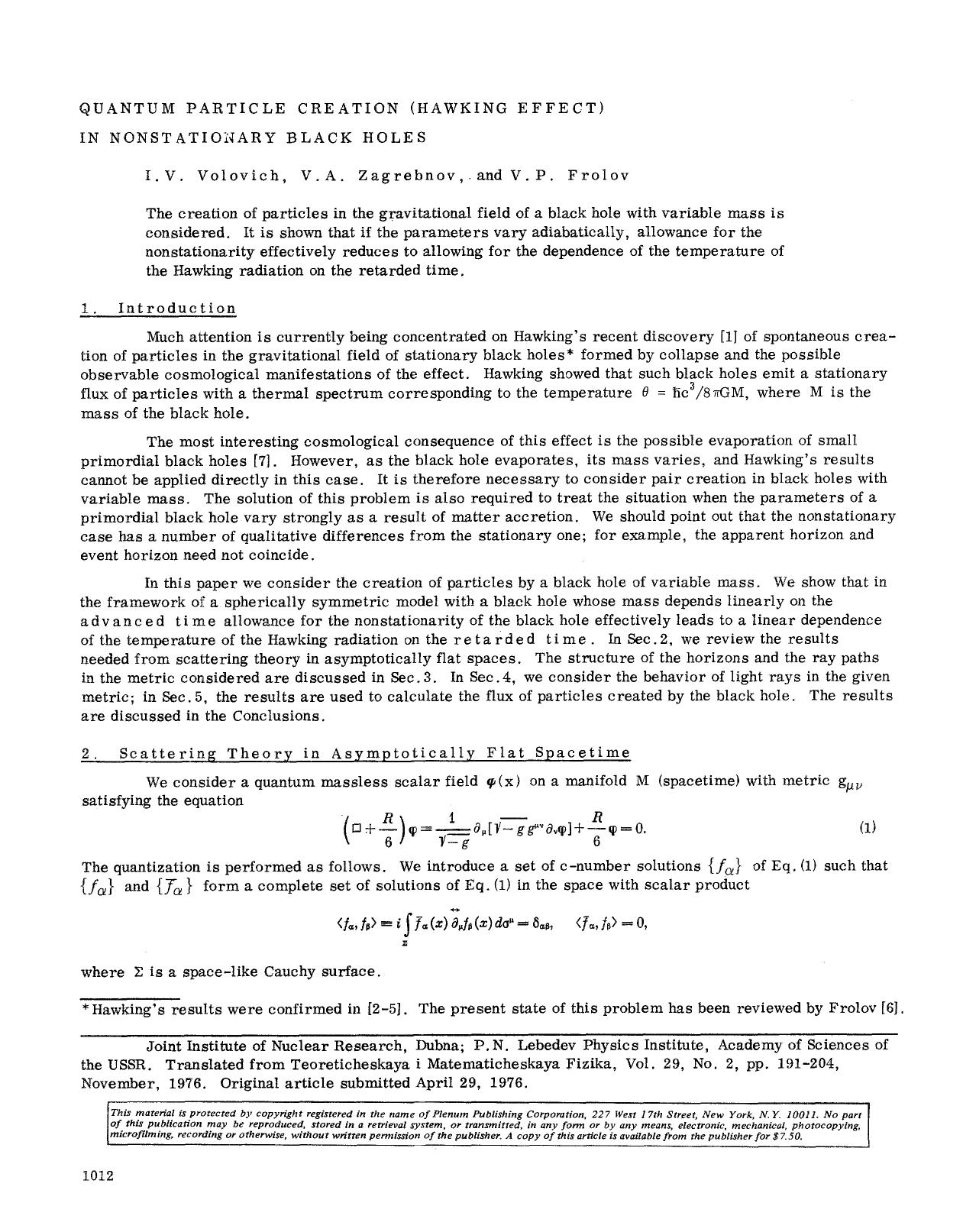 Quantum particle creation (Hawking effect) in nonstationary black holes by Unknown