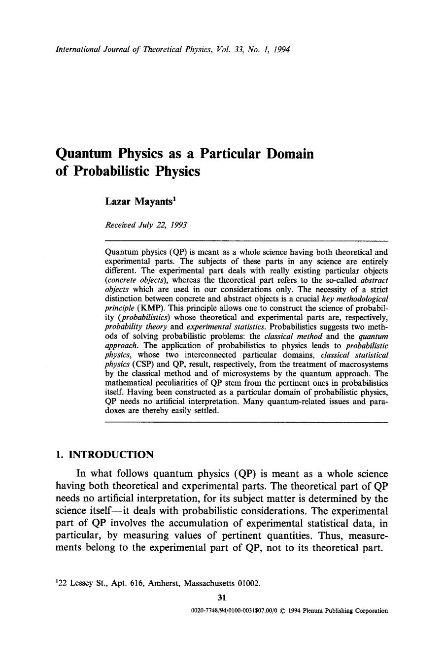 Quantum physics as a particular domain of probabilistic physics by Unknown