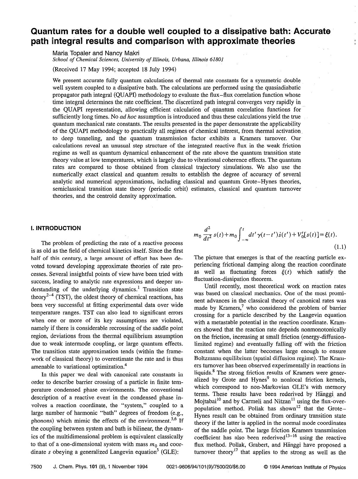 Quantum rates for a double well coupled to a dissipative bath: Accurate path integral results and comparison with approximate theories by Maria Topaler; Nancy Makri