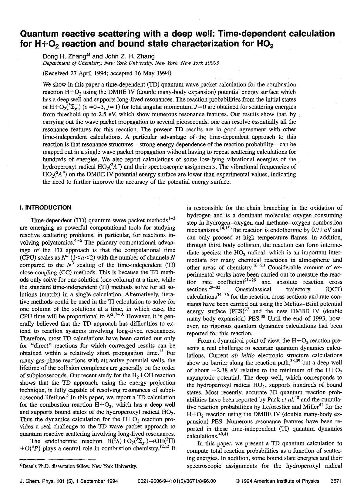 Quantum reactive scattering with a deep well: Time-dependent calculation for H+O2 reaction and bound state characterization for HO2 by Dong H. Zhang; John Z. H. Zhang