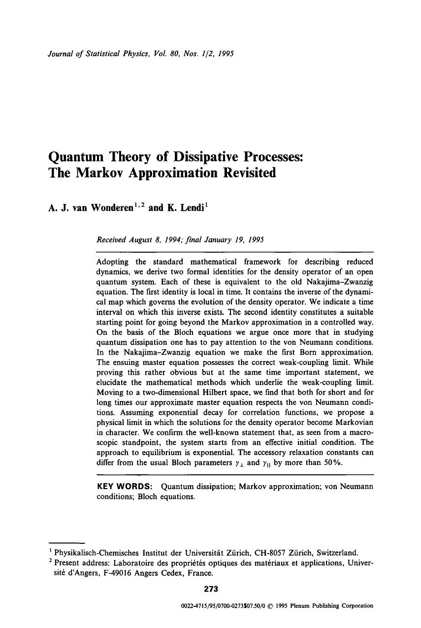 Quantum theory of dissipative processes: The Markov approximation revisited by Unknown