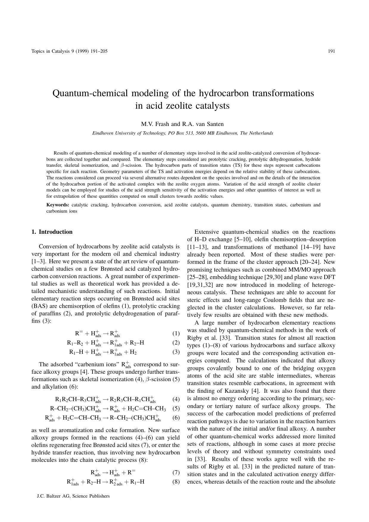 Quantum-chemical modeling of the hydrocarbon transformations in acid zeolite catalysts by Unknown