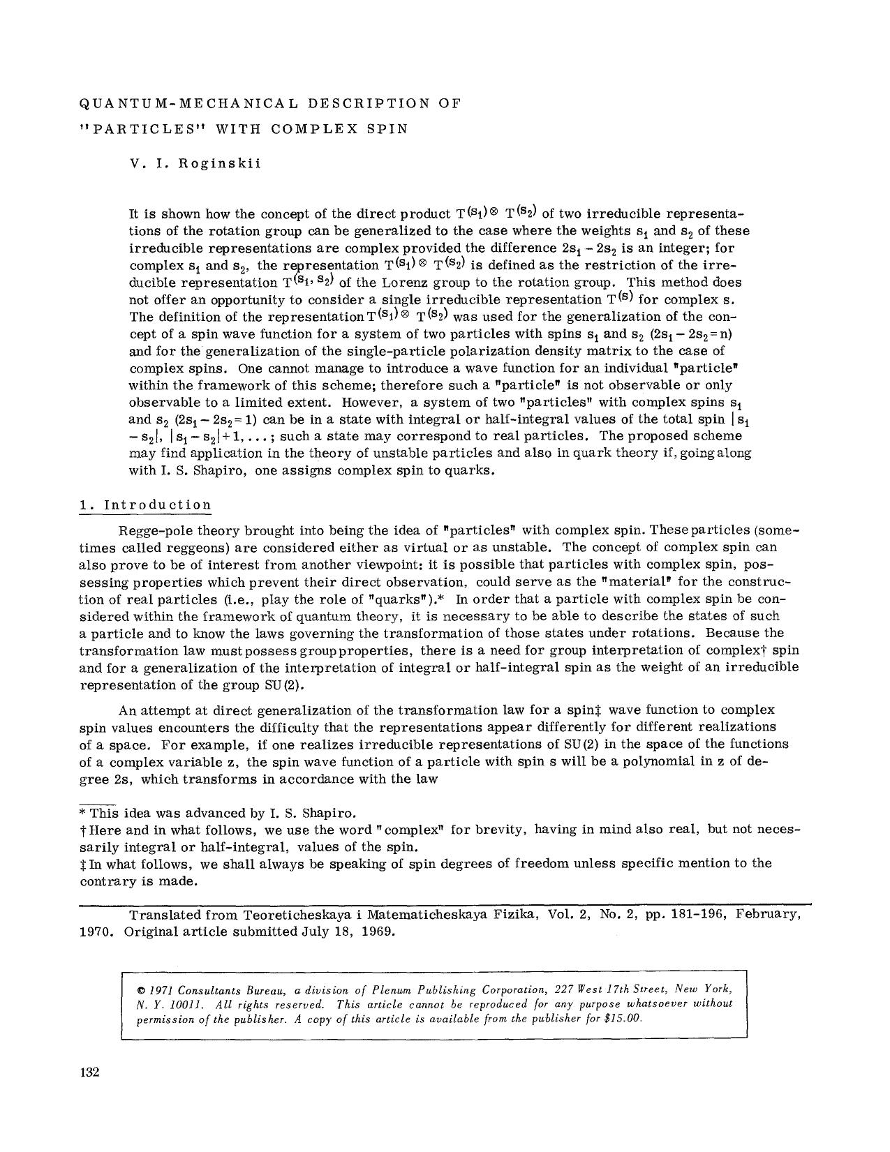 Quantum-mechanical description of &#x201C;particles&#x201D; with complex spin by Unknown