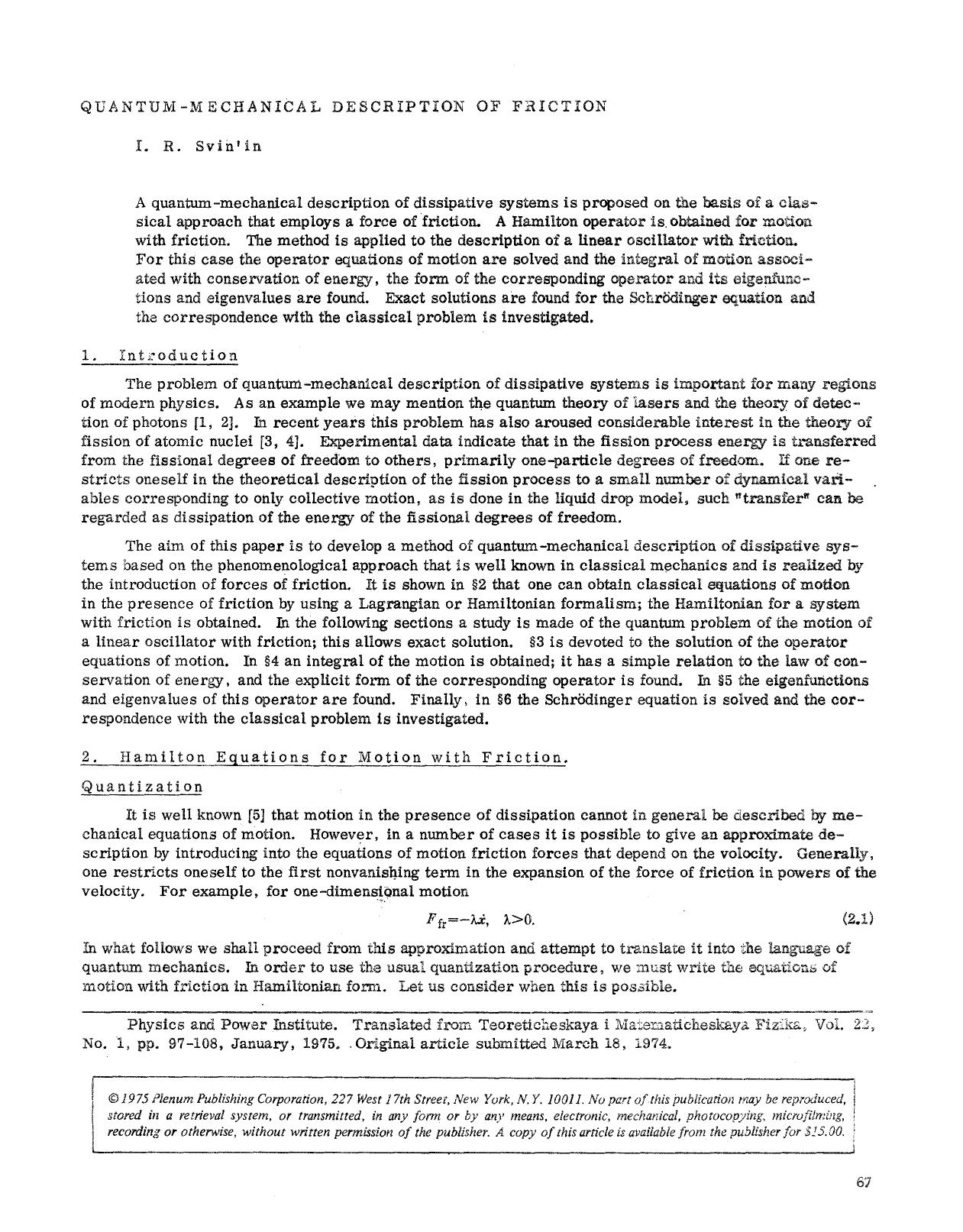 Quantum-mechanical description of friction by Unknown