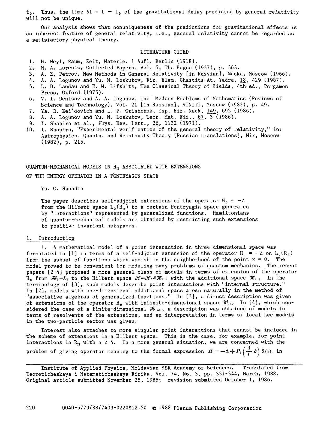 Quantum-mechanical models in R <Subscript>n <Subscript> associated with extensions of the energy operator in a Pontryagin space by Unknown