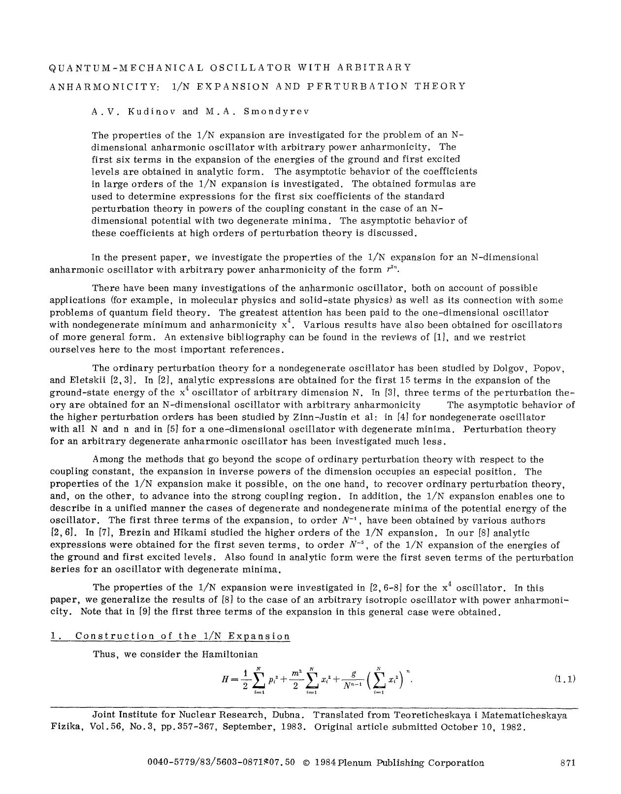 Quantum-mechanical oscillator with arbitrary anharmonicity: 1N Expansion and perturbation theory by Unknown