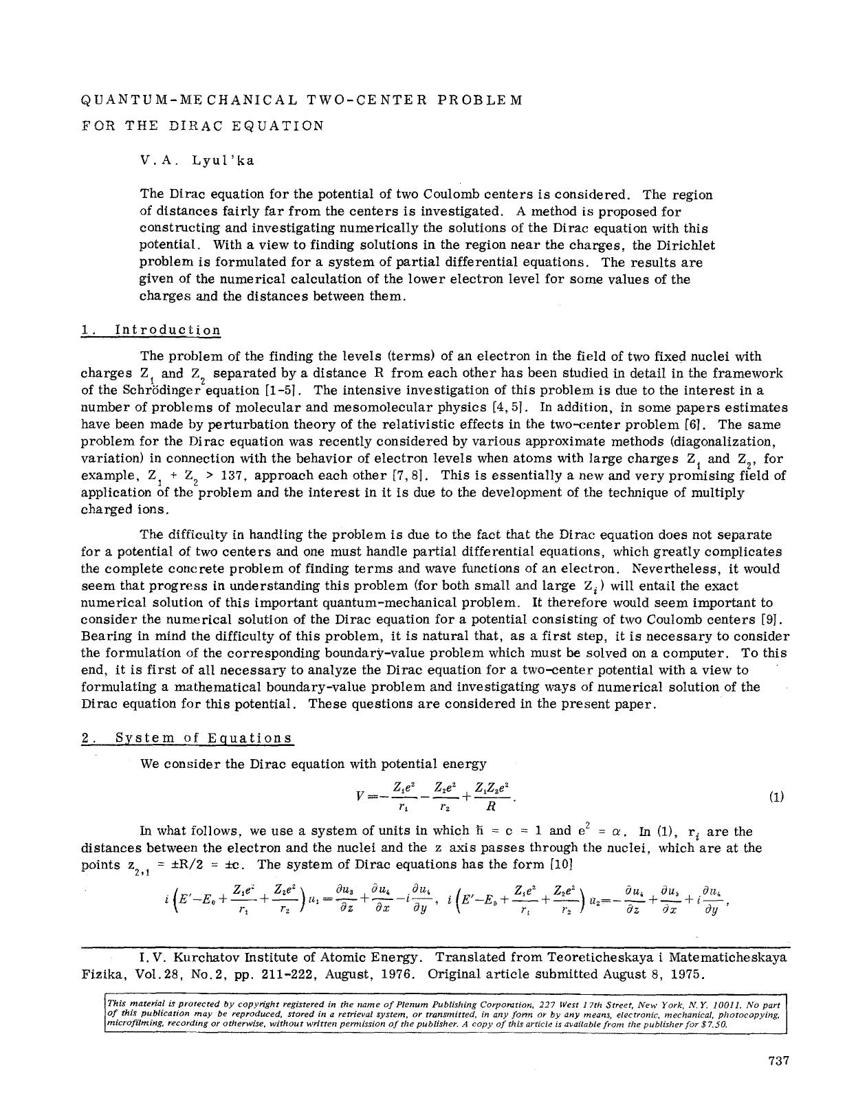 Quantum-mechanical two-center problem for the Dirac equation by Unknown