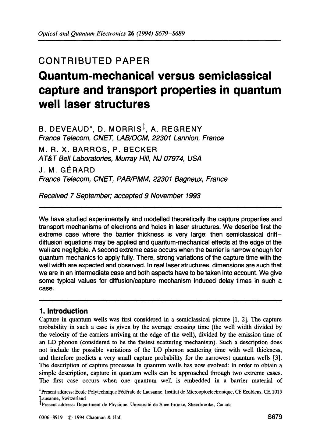 Quantum-mechanical versus semiclassical capture and transport properties in quantum well laser structures by Unknown