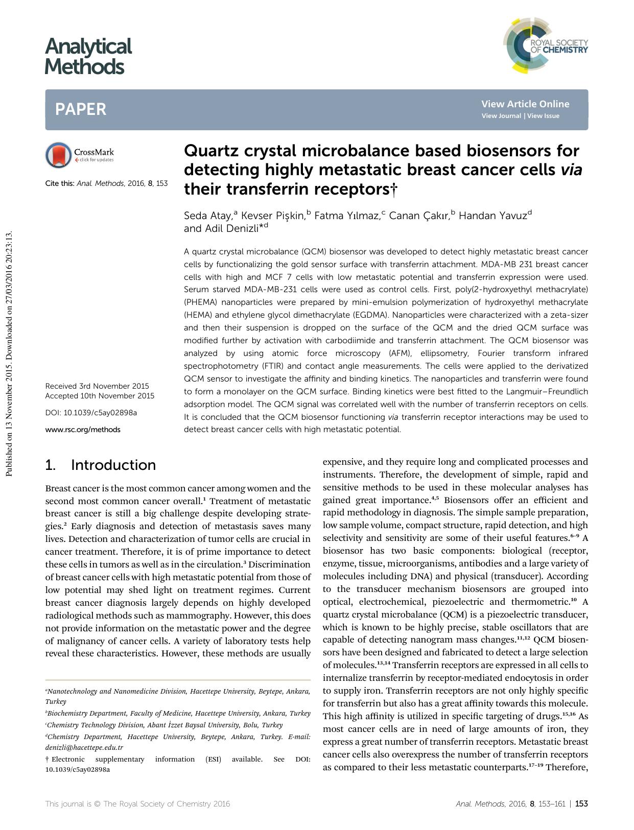 Quartz crystal microbalance based biosensors for detecting highly metastatic breast cancer cells via their transferrin receptors by Seda Atay & Kevser Pişkin & Fatma Yılmaz & Canan Çakır & Handan Yavuz & Adil Denizli