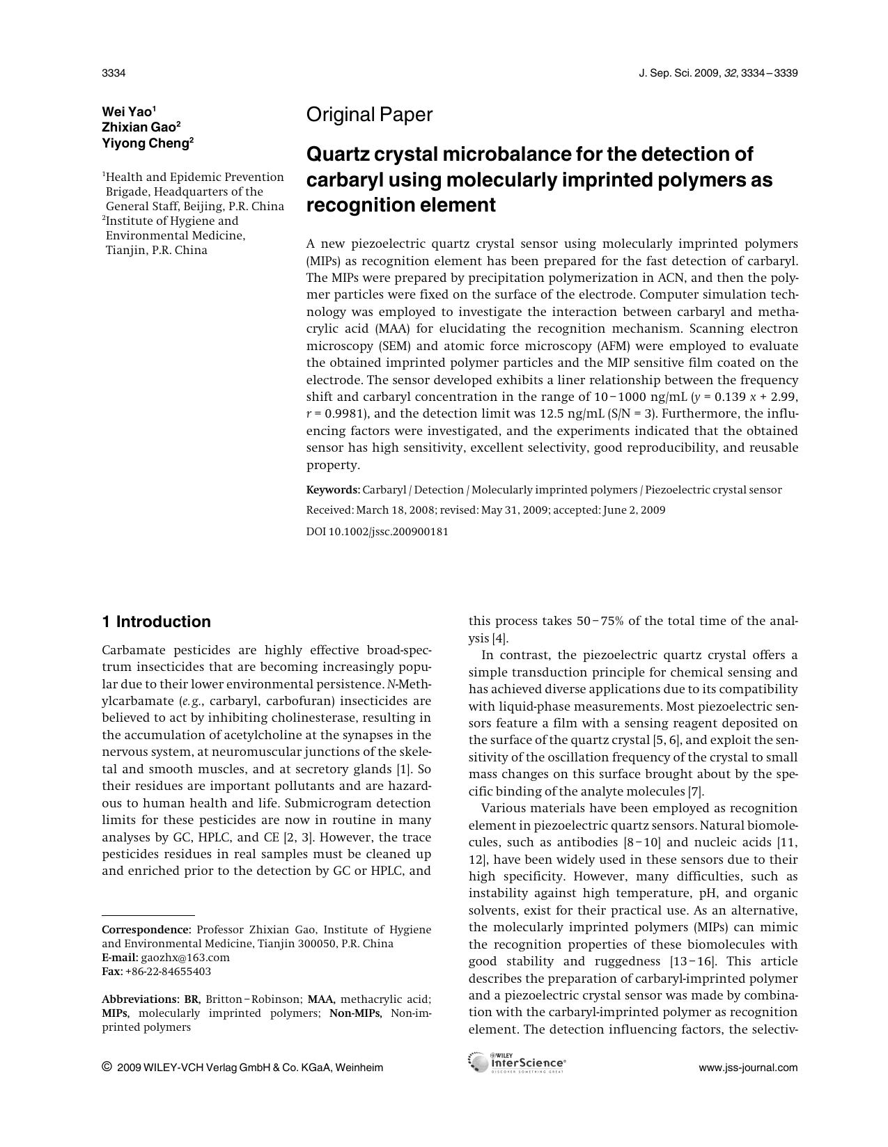 Quartz crystal microbalance for the detection of carbaryl using molecularly imprinted polymers as recognition element by Unknown