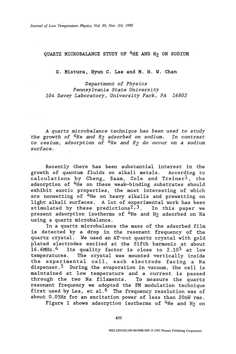 Quartz microbalance study of <Superscript>4 <Superscript>He and H <Subscript>2 <Subscript> on sodium by Unknown