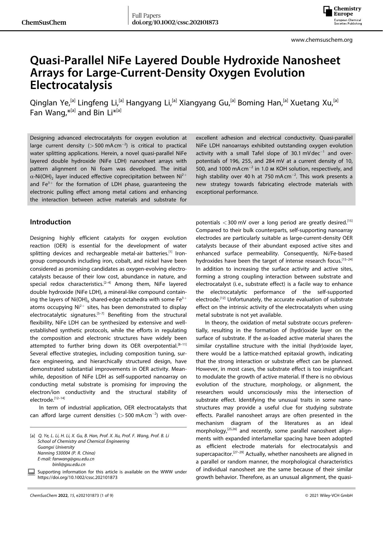 QuasiâParallel NiFe Layered Double Hydroxide Nanosheet Arrays for LargeâCurrentâDensity Oxygen Evolution Electrocatalysis by Unknown